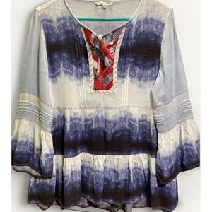 John•Mark Ombre Tunic Shirt Women Med Muti Dye Tiered Peasant Artsy Bell Sleeve